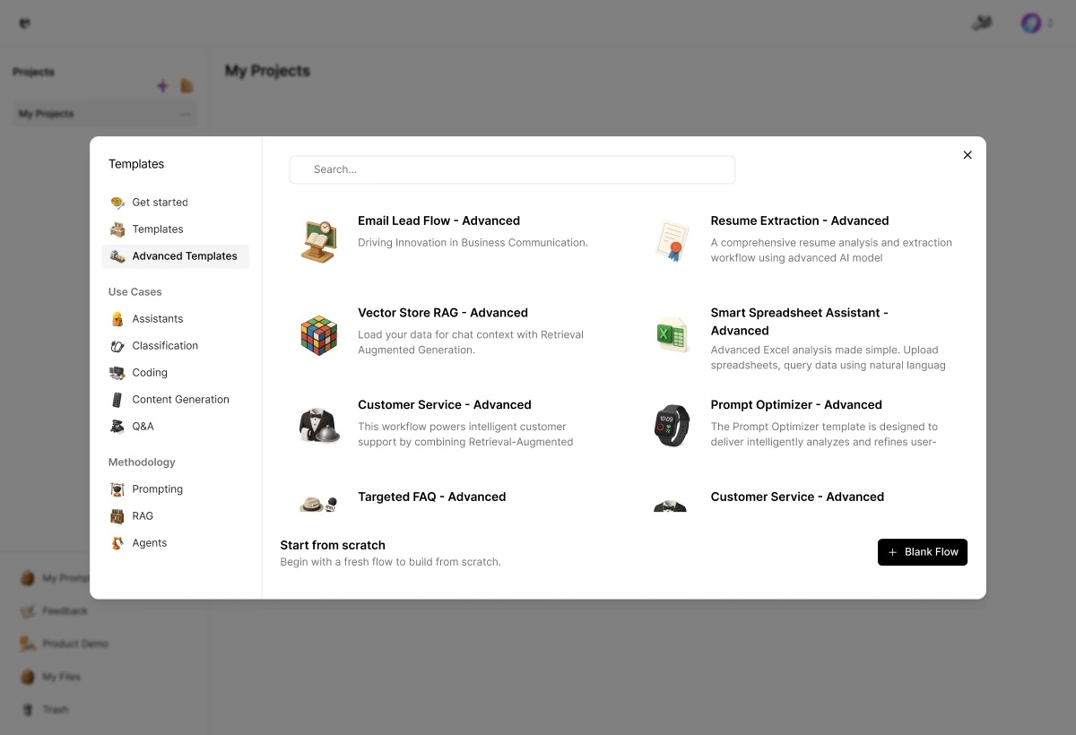 Template library interface showing prebuilt workflows to quickly start projects